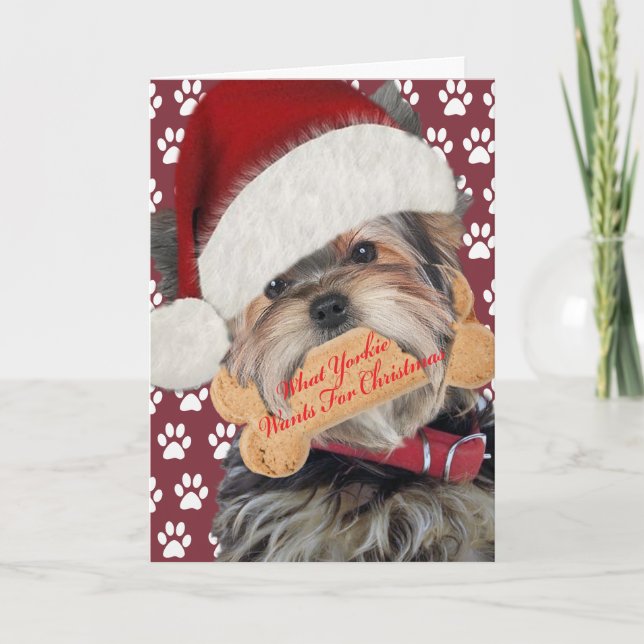 Cartão De Festividades Yorkie quer beijos para o Natal (Frente)