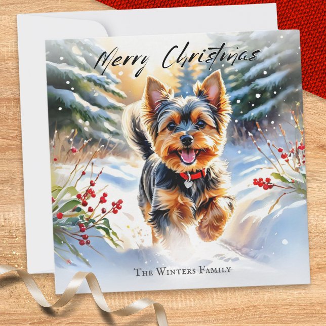 Cartão De Festividades Yorkshire Terrier Dog Yorkie no Natal da neve (A Christmas card with picture of a Yorkshire terrier dog running in snow, in a watercolor style)