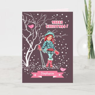 Cartão De Festividades Young Girl Skier | Nome personalizado Natal
