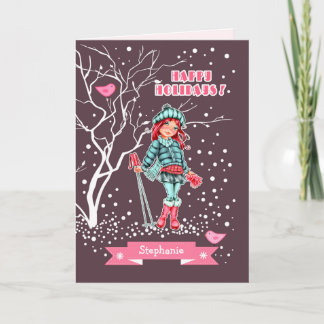 Cartão De Festividades Young Girl Skier | Nome personalizado Natal