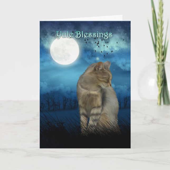 Cartão De Festividades yule blessings with cat in the moonlight (Frente)