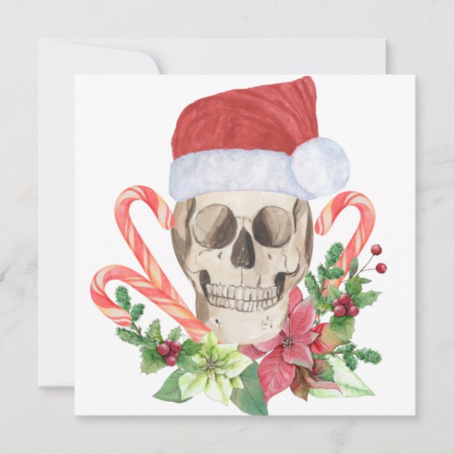 Cartão De Festividades Yule Skull Gothic Christmas Poinsettia Candy Cane (Frente)