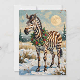 Cartão De Festividades Zebra Vintage em Campo de Natal Nevado
