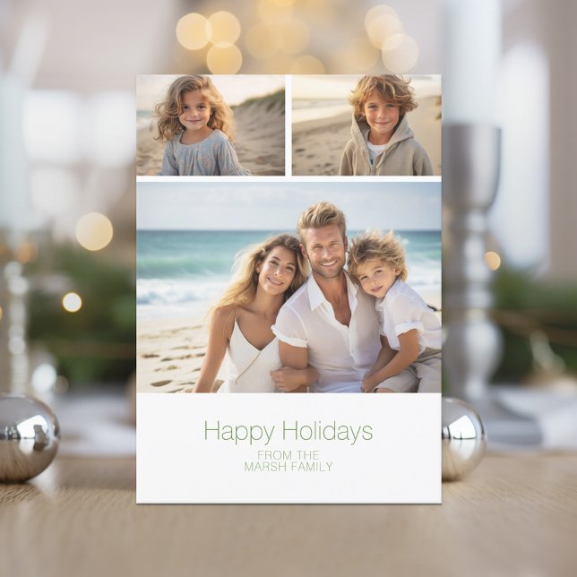 Cartão De Festividades Zen Arch Green White - 3 Fotografias - Feliz (Zen Arch Design - Minimal Holiday Card - 3 Photos)