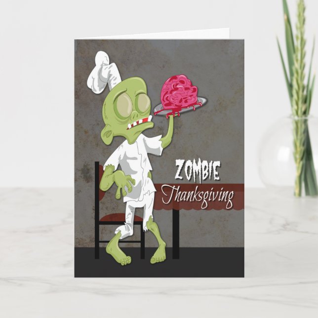 Cartão De Festividades Zombie Chef com Cérebro Preparado para Ação de Gra (Frente)