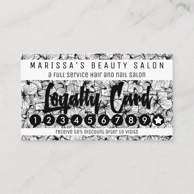 Cartão De Fidelidade A mão moderna branca preta tirada floresce a (Frente)