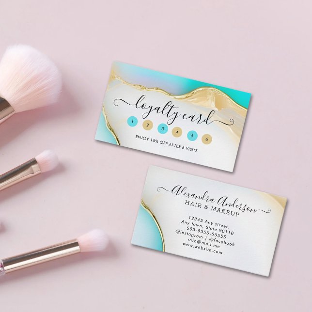 Cartão De Fidelidade Acentos Dourados Azuis e Brancos Agate Marble (Luxury Blue and White Gold Accents Agate Marble Loyalty Card)