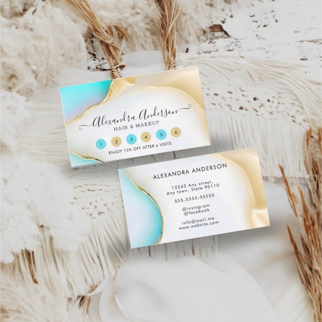 Cartão De Fidelidade Acentos Dourados do Mármaco Azul e Agato Branco El (Elegant Blue and White Agate Marble Gold Accents Loyalty Card)