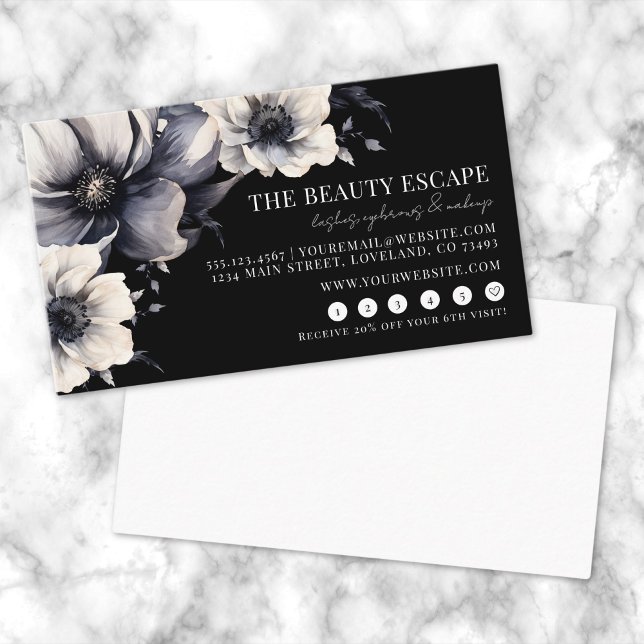 Cartão De Fidelidade Beleza Floral Branca Negra (Black White Floral Beauty Loyalty Card)