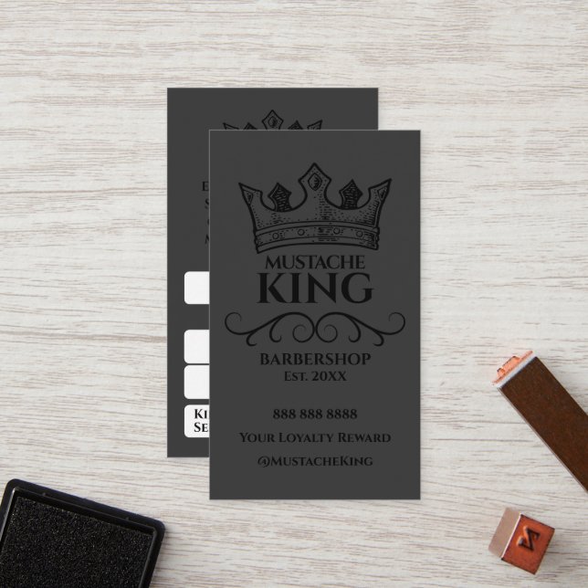 Cartão De Fidelidade Black Crown King Mustache Barbershop Reward (Frente/Verso In Situ)