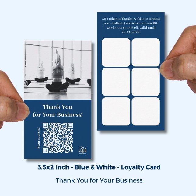 Cartão De Fidelidade Blue with Logo & QR - Gym Thank You (Blue with Logo & QR - Gym Thank You Loyalty Card; Size: 3.5x2 Inch)