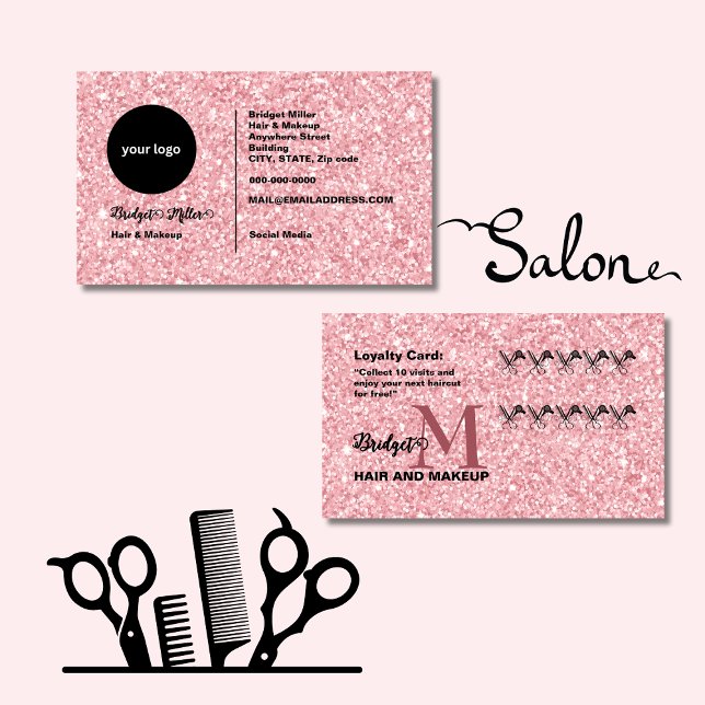 Cartão De Fidelidade Blush Glitter hair salon monogram Logo (Criador carregado)