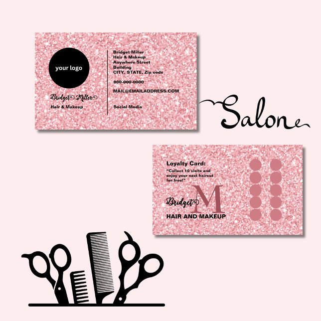 Cartão De Fidelidade Blush Glitter hair salon monogram Logo (Criador carregado)