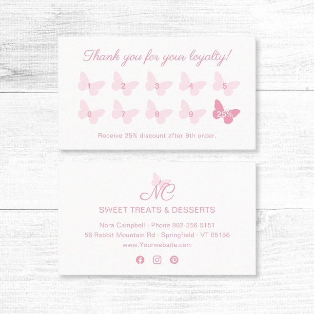 Cartão De Fidelidade Borboleta Elegante Monograma Girly Cute Bebê Rosa (Elegant baby pink butterfly thank you for your loyalty business card with social media icons.)