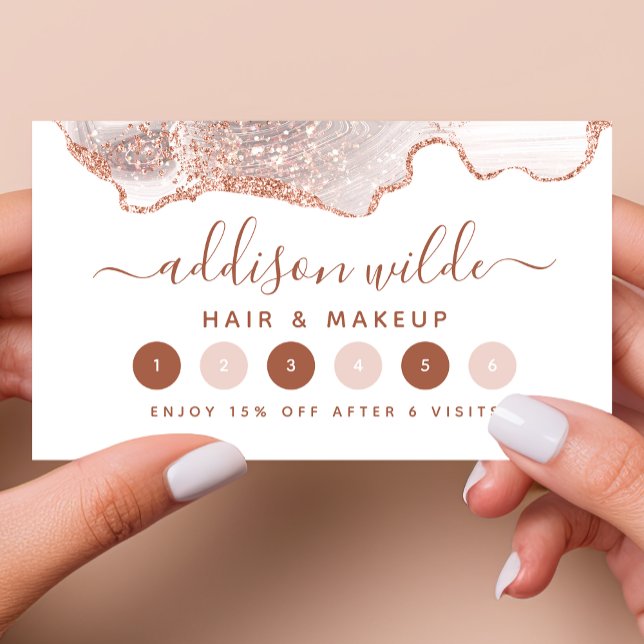 Cartão De Fidelidade Branco Chic Mármore Ágata Dourado Rosa Brilho (Criador carregado)