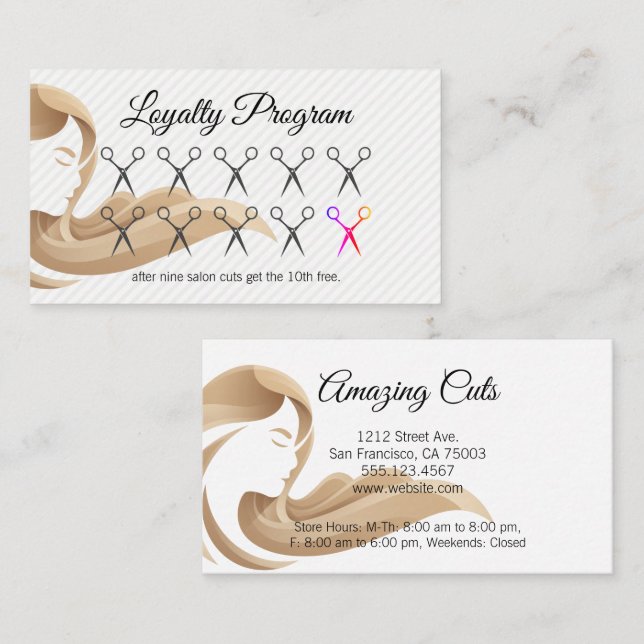 Cartão De Fidelidade Cabelo feminino | Tesouras de salão | Lealdade (Frente/Verso)
