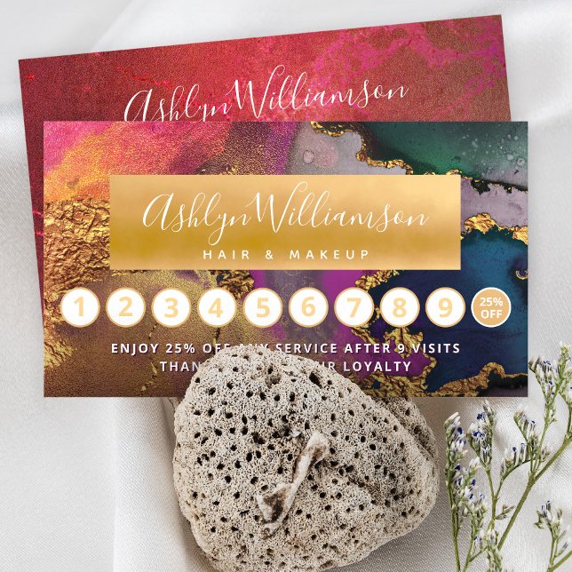 Cartão De Fidelidade Cabelo mármore aquarela dourada rosa quente verde (Criador carregado)