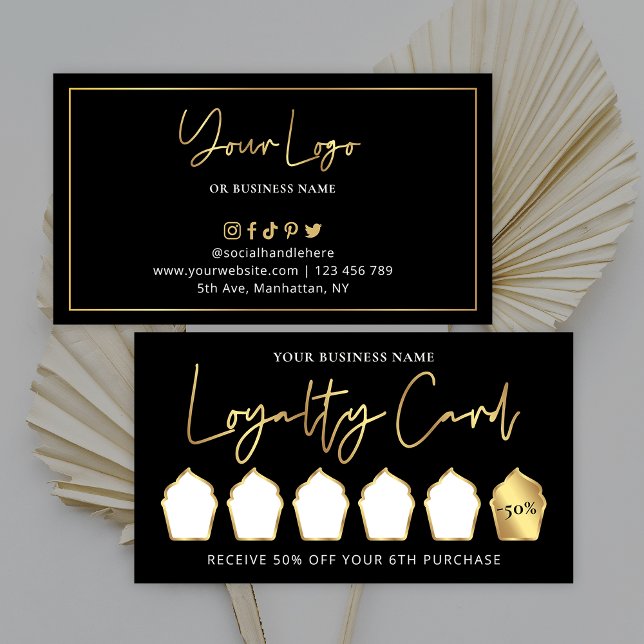 Cartão De Fidelidade Café de Cupcake Moderno Lux, preto e Dourado (Glam black and gold cupcake loyalty cards, great for bakers, coffee shop or pastry chefs)