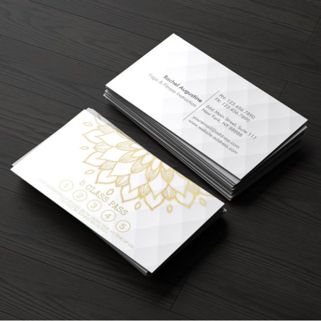 Cartão De Fidelidade Classe Yoga Passe Dourada Mandala Floral White Cou (Criador carregado)