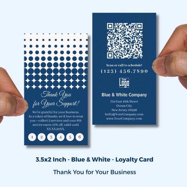Cartão De Fidelidade Classic Blue & White with Logo Thank You Punch (Classic Blue & White with Logo Thank You Punch Loyalty Card; Size: 3.5x2 Inch)