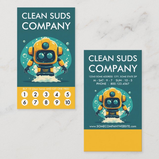 Cartão De Fidelidade Clean Suds Wash Loyalty Punch Card (Frente/Verso)