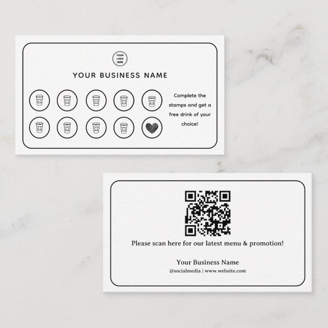 Cartão De Fidelidade Codificação QR da copa do café Adicionar seu logot (Frente/Verso)