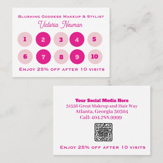 Cartão De Fidelidade Código QR de Negócios Rosa e Preto Simples (Frente/Verso)