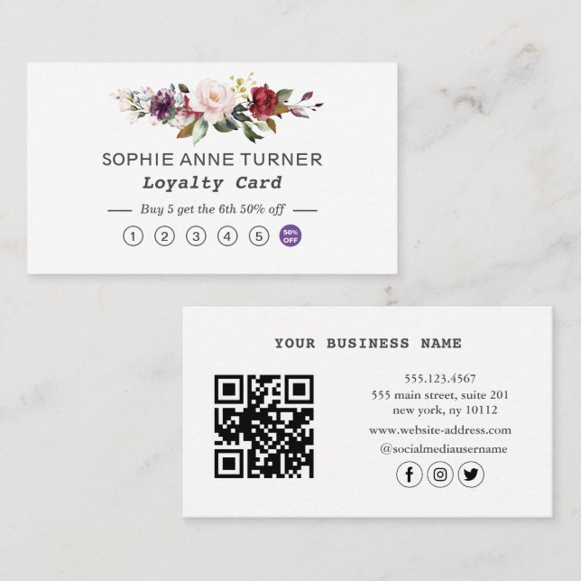 Cartão De Fidelidade Código QR Elegante Burgundy Floral Rosa (Frente/Verso)