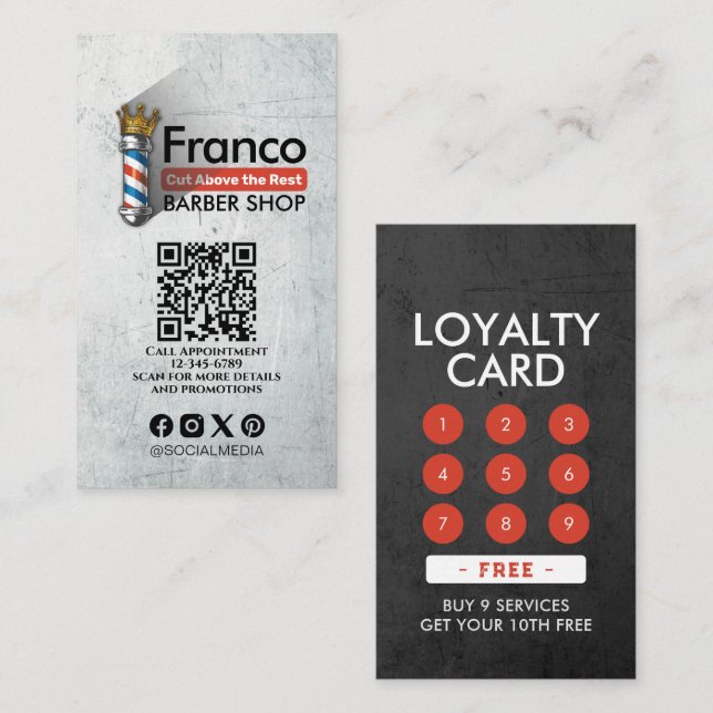 Cartão De Fidelidade Compro Barber Coroa Real Barbeiro Par Salão QR (Frente/Verso)