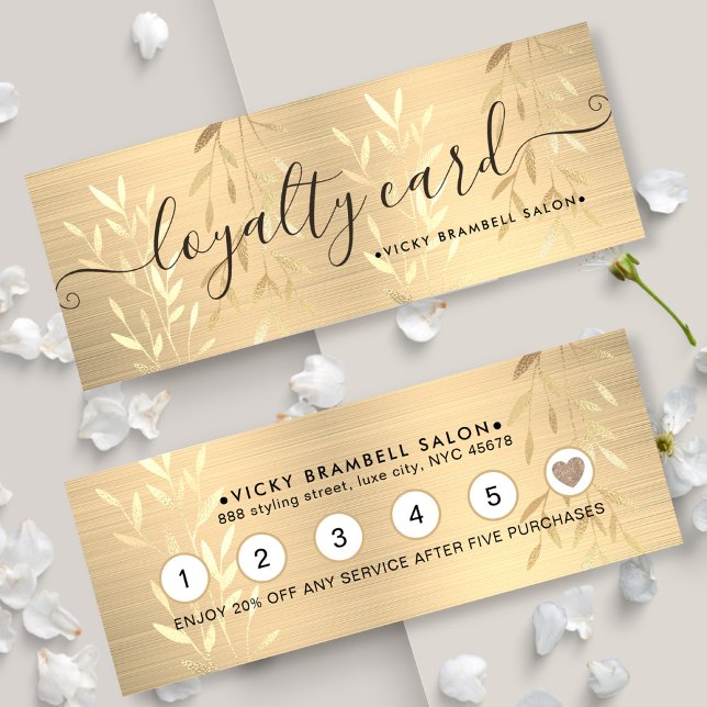 Cartão De Fidelidade Delicado Elegante Folhas Douradas Escovadas de Alm (Elegant Delicate Gold Leaves Brushed Metal Punch Loyalty Card)