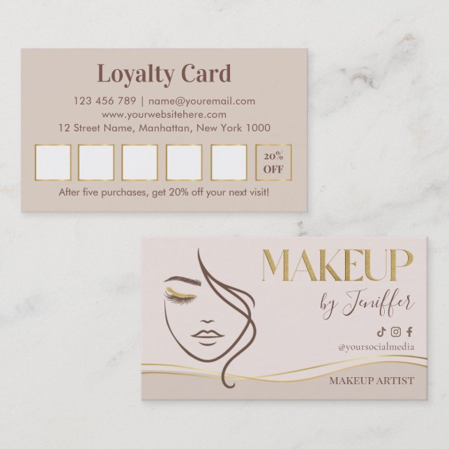 Cartão De Fidelidade Elegant Beige & Gold Makeup Artist Loyalty (Frente/Verso)