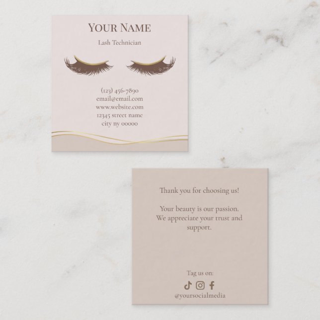 Cartão De Fidelidade Elegant beige Lash Technician Thank you Card (Frente/Verso)