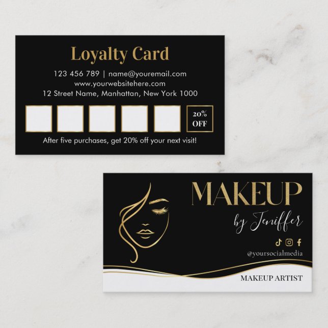 Cartão De Fidelidade Elegant black and gold makeup artist Loyalty Card (Frente/Verso)