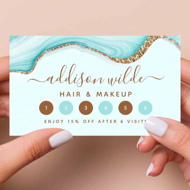 Cartão De Fidelidade Elegante Dourado Glitter Blue Marble Agate Moderno (Criador carregado)