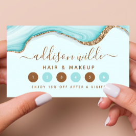 Cartão De Fidelidade Elegante Glitter Dourado Azul Mármore Ágata Modern