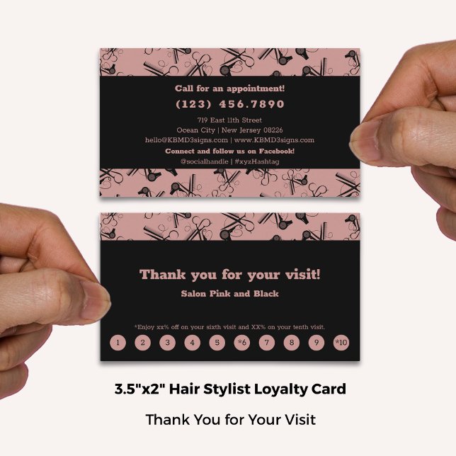 Cartão De Fidelidade Elegante Salon Pink & Black Call Social Media (Elegant Salon Pink & Black Call Social Media Loyalty Card; Standard Size 3.5x2 Inch US)