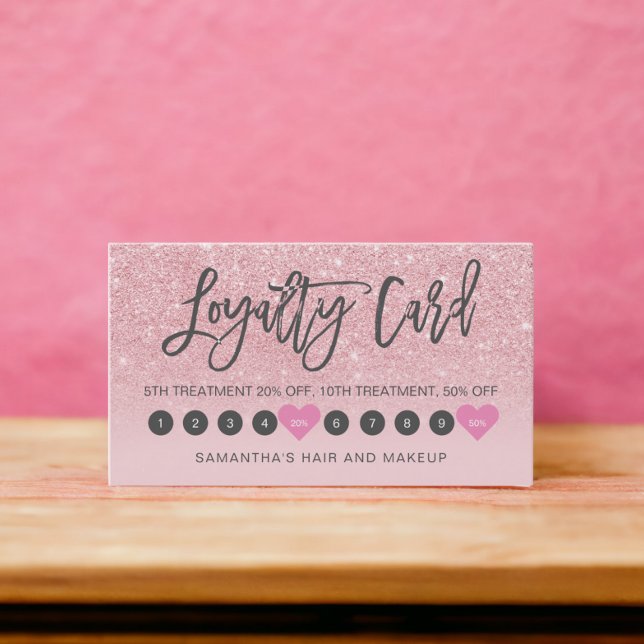 Cartão De Fidelidade Escrita mbre cor-de-rosa com brilho 10 (Pink glitter ombre script makeup girly 10 loyalty card)