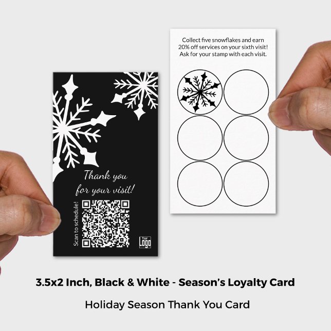 Cartão De Fidelidade Feriado de Neve Preto e Branco (Black & White Snowflake Holiday Loyalty Card; Size 3.5x2 Inch (US))