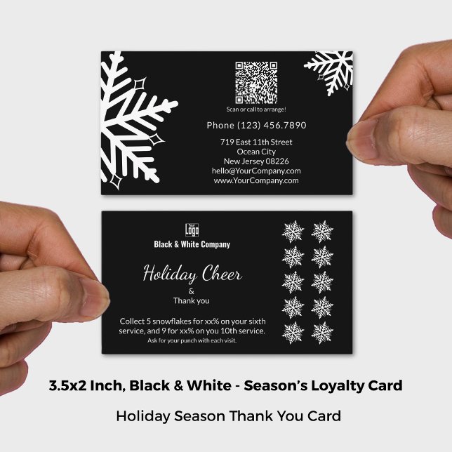 Cartão De Fidelidade Feriado Neve Preto e Branco Obrigado & Punch (Snowflake Black & White Holiday Thank you & Punch Loyalty Card; Size 3.5x2 Inch (US))