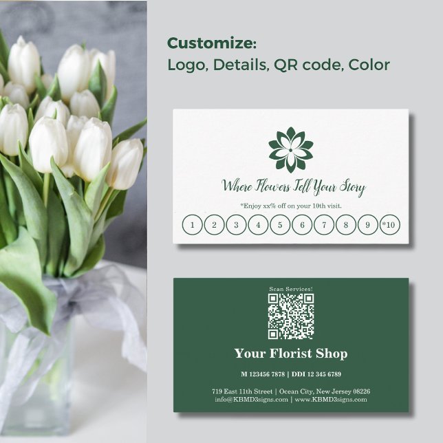 Cartão de fidelidade florista verde e branco perso (Modern Customizable Green & White Florist Loyalty Card, Bonus every 10 Visits)