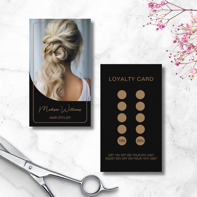 Cartão De Fidelidade Foto Moderna Salon Hair Stylist Preto Dourado (Modern Photo Salon Hair Stylist Black Gold Loyalty Card)