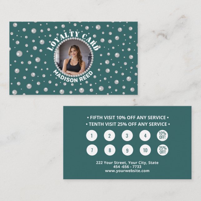 Cartão De Fidelidade Foto Personalizada com Círculo de Pérolas em Azul  (Frente/Verso)