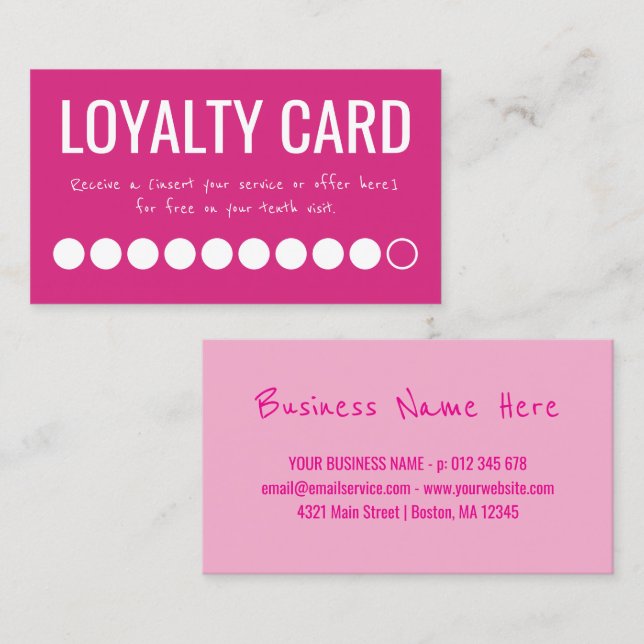 Cartão De Fidelidade Hot Pink White Ten Visits Loyalty Punch Card (Frente/Verso)