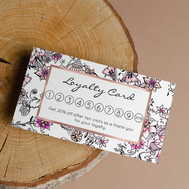 Cartão De Fidelidade Ilustração floral preto-violeta-rosa-moderno (Modern pink violet black white floral illustration)