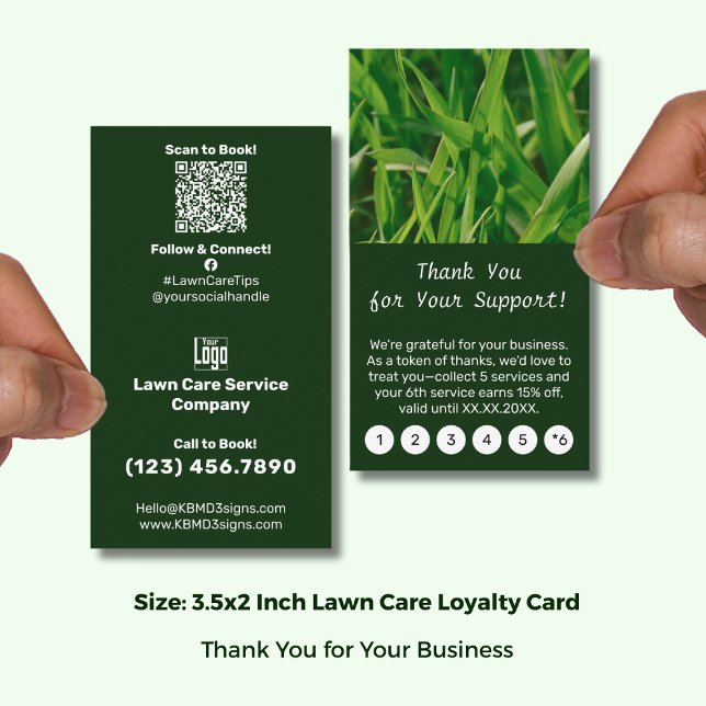 Cartão De Fidelidade Lawn Care Thank You for Your Support! (Lawn Care Thank You for Your Support! Loyalty Card; Size 3.5x2 (US) Portrait Format, Logo, QR code)