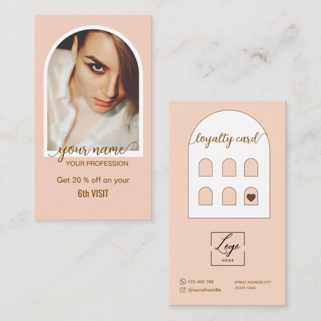 Cartão De Fidelidade Logotipo de foto rosa com script moderno em arco (Frente/Verso)