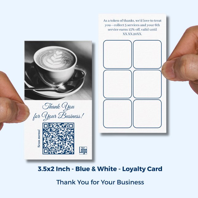 Cartão De Fidelidade Logotipo e QR do Café White - Obrigado (Cafe White Blue Logo & QR - Thank You Loyalty Card; Size:3.5x2 Inch)