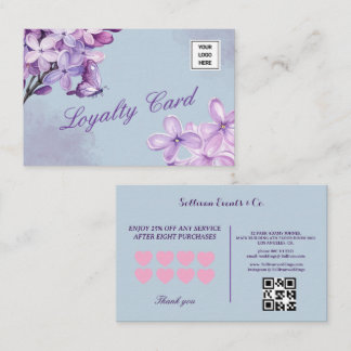 Cartão De Fidelidade Logotipo Floral em Aquarela Roxa Elegante com Códi