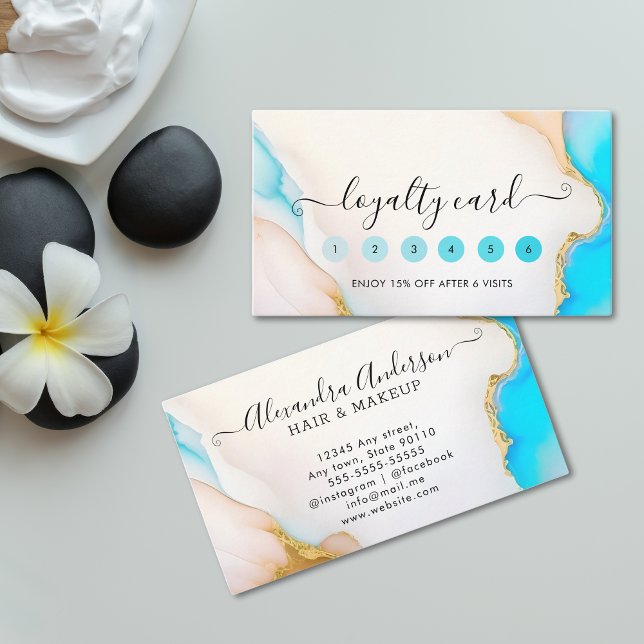 Cartão De Fidelidade Luxury Aqua e Dourado Marble Holographic Salon (Luxury Aqua and Gold Marble Holographic Salon Loyalty Card)