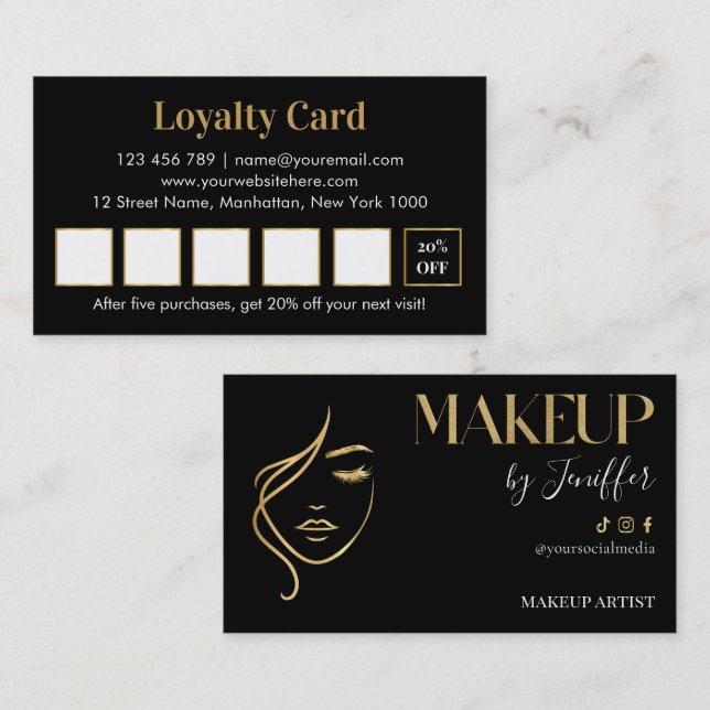 Cartão De Fidelidade Luxury black and gold makeup artist Loyalty Card (Frente/Verso)